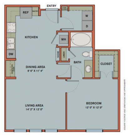 Floor plan for 1 bed, 1 bath, 752 sqft