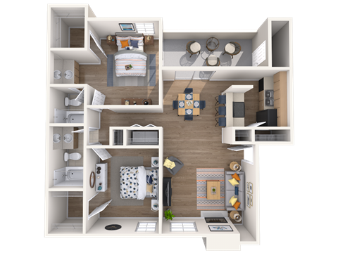 Floor plan for 2 beds, 2 baths, 1000 sqft