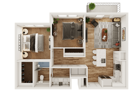 Floor plan for 2 beds, 1 bath, 885 sqft