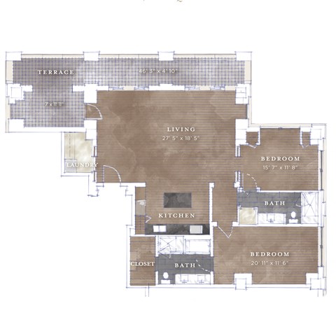 Floor plan for 2 beds, 2 baths, 1605 sqft