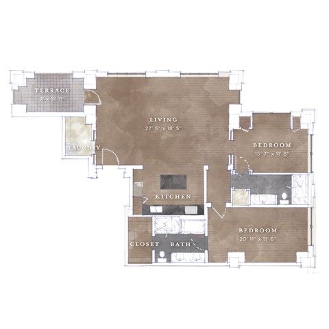 Floor plan for 2 beds, 2 baths, 1605 sqft