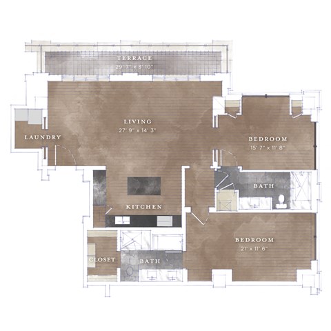 Floor plan for 2 beds, 2 baths, 1433 sqft