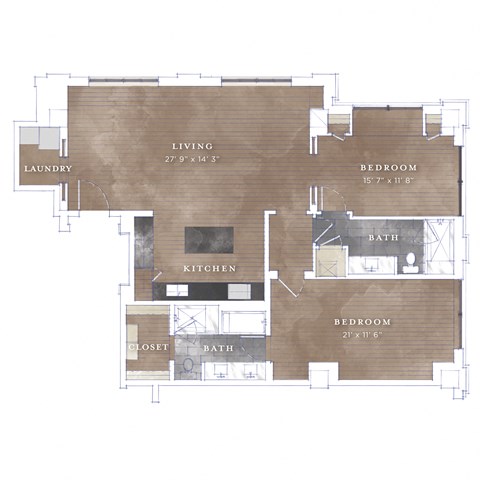 Floor plan for 2 beds, 2 baths, 1432 sqft