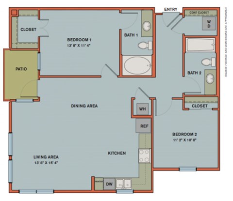 Floor plan for 2 beds, 2 baths, 1067 sqft