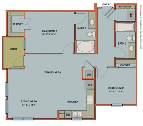 Floor plan for 2 beds, 2 baths, 1021 sqft