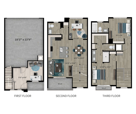 Floor plan for 2 beds, 2.5 baths, 1395 sqft