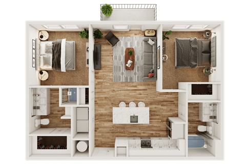Floor plan for 2 beds, 2 baths, 962 sqft