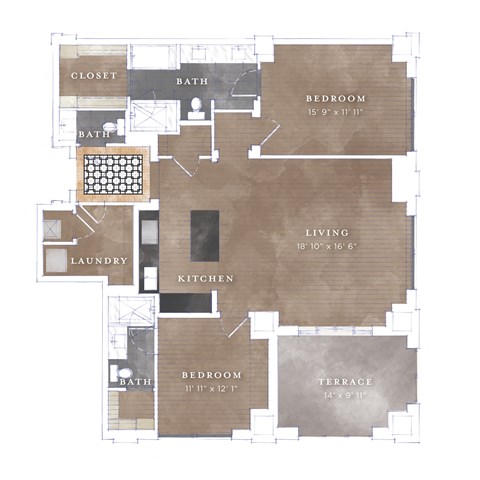 Floor plan for 2 beds, 2.5 baths, 1386 sqft