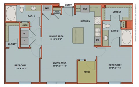 Floor plan for 2 beds, 2 baths, 1030 sqft