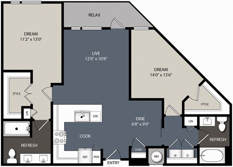 Floor plan for 2 beds, 2 baths, 1159 sqft