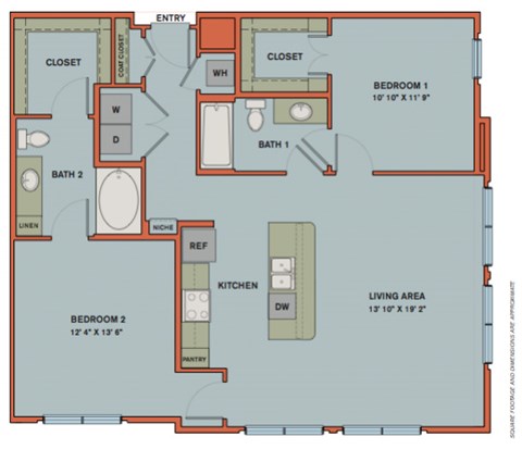 Floor plan for 2 beds, 2 baths, 1172 sqft