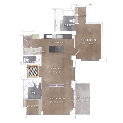 Floor plan for 2 beds, 2 baths, 1192 sqft