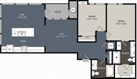 Floor plan for 2 beds, 2 baths, 1207 sqft