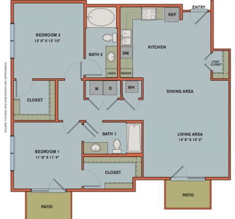 Floor plan for 2 beds, 2 baths, 1150 sqft