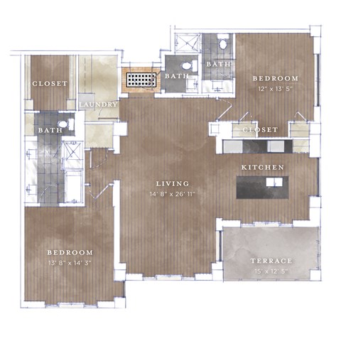 Floor plan for 2 beds, 2.5 baths, 1566 sqft