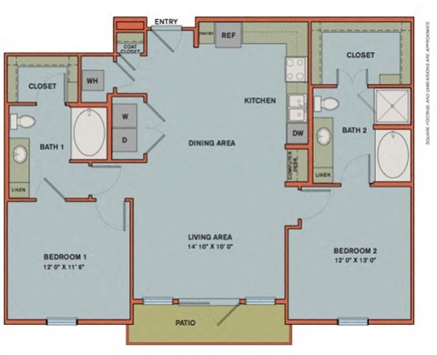 Floor plan for 2 beds, 2 baths, 1125 sqft