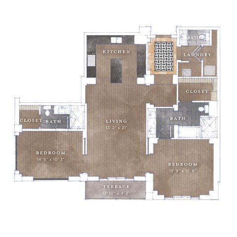 Floor plan for 2 beds, 2.5 baths, 1360 sqft