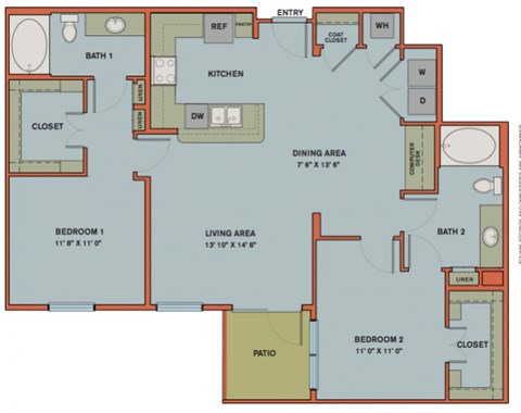 Floor plan for 2 beds, 2 baths, 1189 sqft