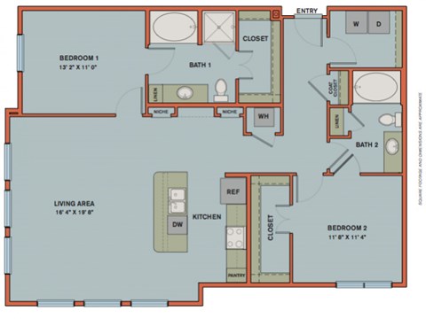 Floor plan for 2 beds, 2 baths, 1307 sqft