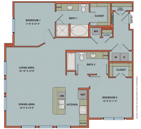 Floor plan for 2 beds, 2 baths, 1243 sqft