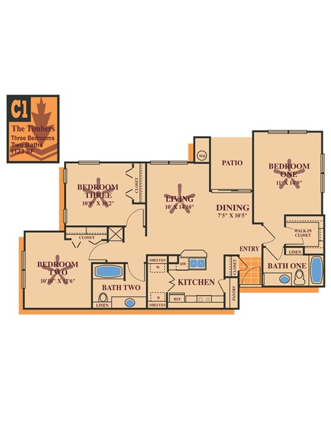 Floor plan for 3 beds, 2 baths, 1123 sqft