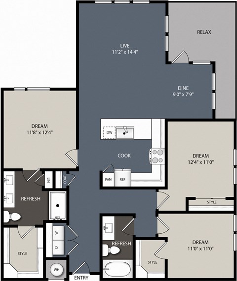 Floor plan for 3 beds, 2 baths, 1482 sqft