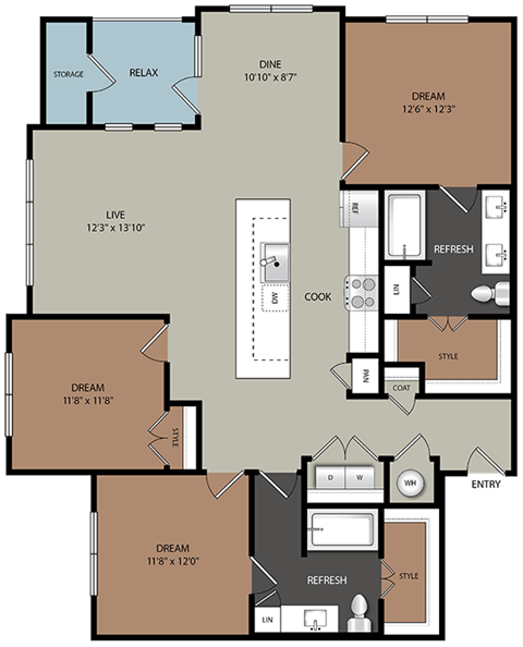 Floor plan for 3 beds, 2 baths, 1427 sqft