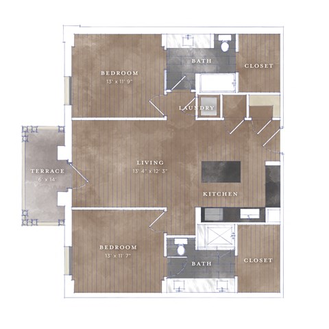 Floor plan for 2 beds, 2 baths, 1126 sqft