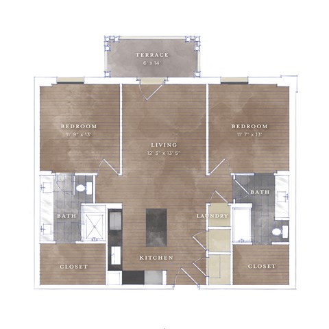 Floor plan for 2 beds, 2 baths, 1126 sqft