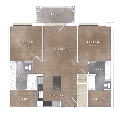 Floor plan for 2 beds, 2 baths, 1126 sqft