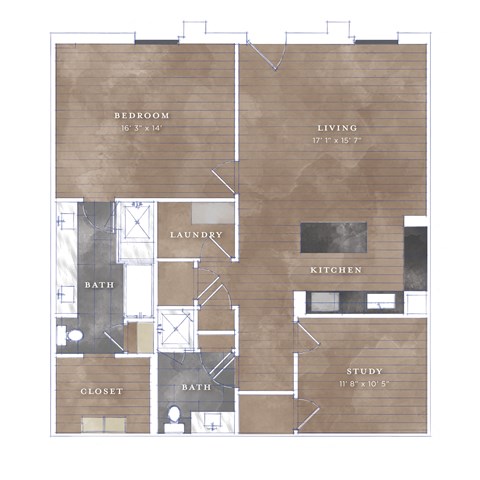Floor plan for 1 bed, 2 baths, 1256 sqft
