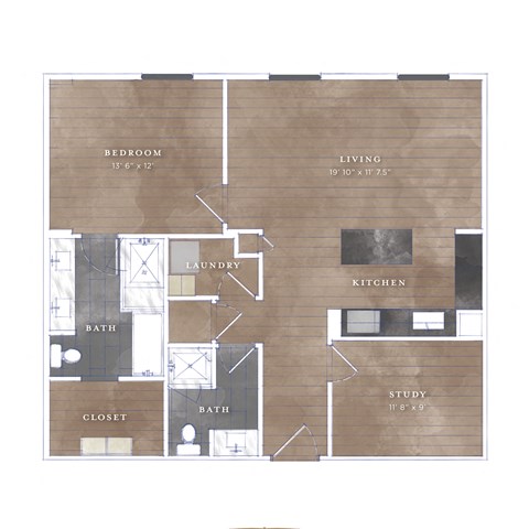 Floor plan for 1 bed, 2 baths, 1045 sqft