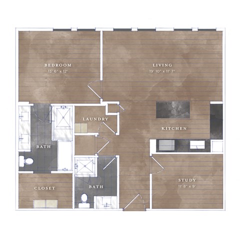 Floor plan for 1 bed, 2 baths, 1042 sqft