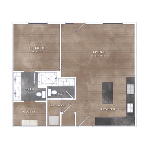 Floor plan for 1 bed, 2 baths, 814 sqft
