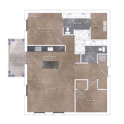 Floor plan for 1 bed, 2 baths, 1126 sqft