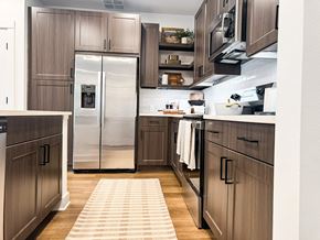 Spring Hill apartment for rent - A kitchen with a refrigerator, cabinets, and a rug.