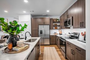 Spring Hill apartment for rent - A modern kitchen with wooden cabinets and stainless steel appliances.