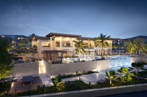 San Antonio apartment for rent - a rendering of the resort at night with a pool and palm trees