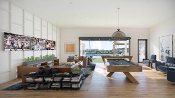 Poolside indoor/outdoor sports lounge with multiple tvs