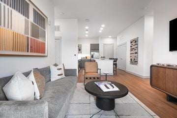 Charlotte apartment for rent - A living room with a grey couch and a coffee table.