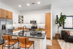 Charlotte apartment for rent - A modern kitchen with a refrigerator, sink, and two chairs.