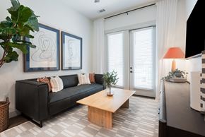 Charlotte apartment for rent - A black couch with pillows and a wooden coffee table in a room.