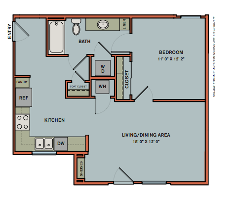 Floor plan for 1 bed, 1 bath, 703 sqft
