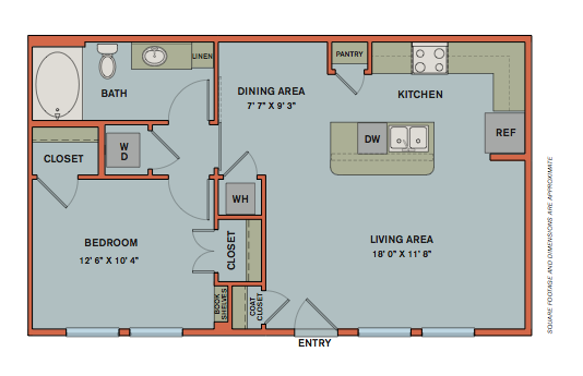 Floor plan for 1 bed, 1 bath, 730 sqft