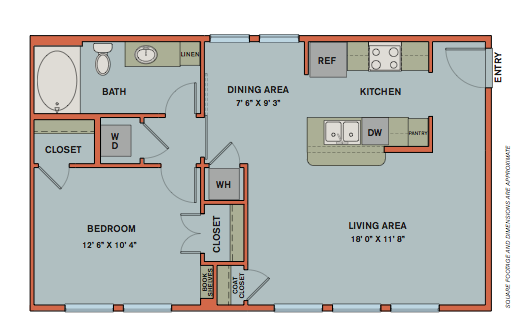 Floor plan for 1 bed, 1 bath, 730 sqft
