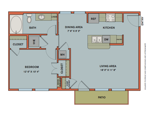 Floor plan for 1 bed, 1 bath, 730 sqft
