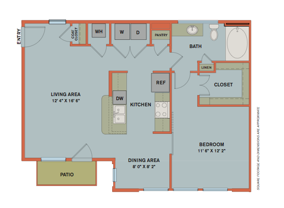 Floor plan for 1 bed, 1 bath, 805 sqft