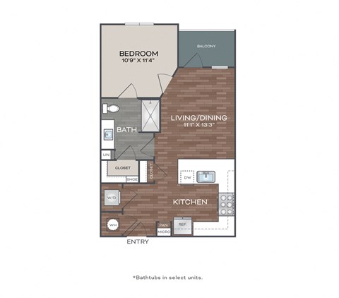 Floor plan for 1 bed, 1 bath, 637 sqft