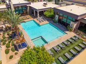 Peoria apartment for rent - A large swimming pool surrounded by lounge chairs and palm trees.