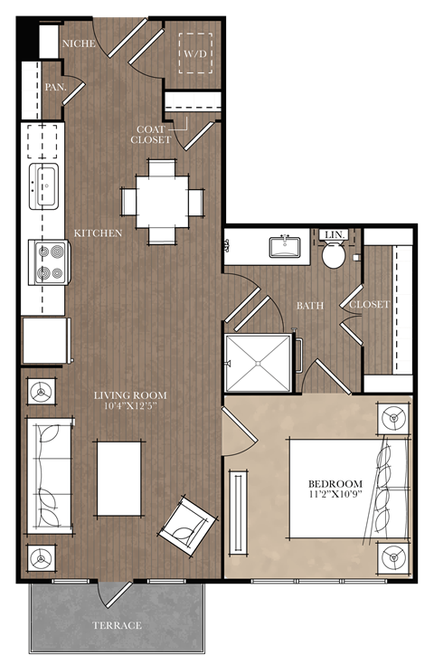 Floor plan for 1 bed, 1 bath, 623 sqft